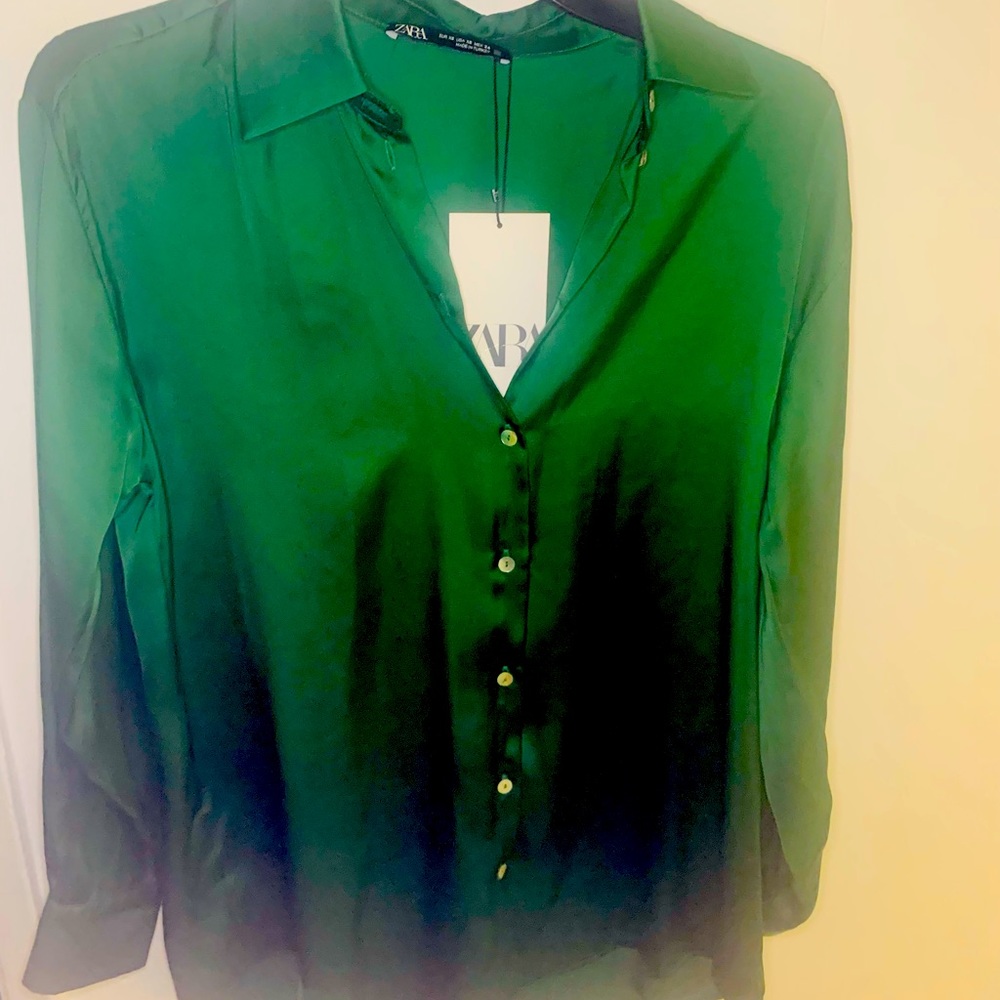 Green silk Zara button up shirt